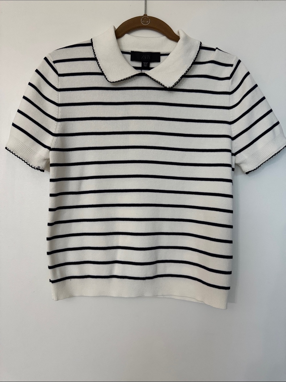 Zara White Polo Knit Shirt with Navy Stripes
